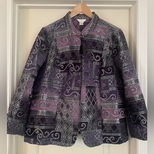 CJ Banks Jacket Womens 1X Purple Silver Black Embroidered Patchwork Velour
